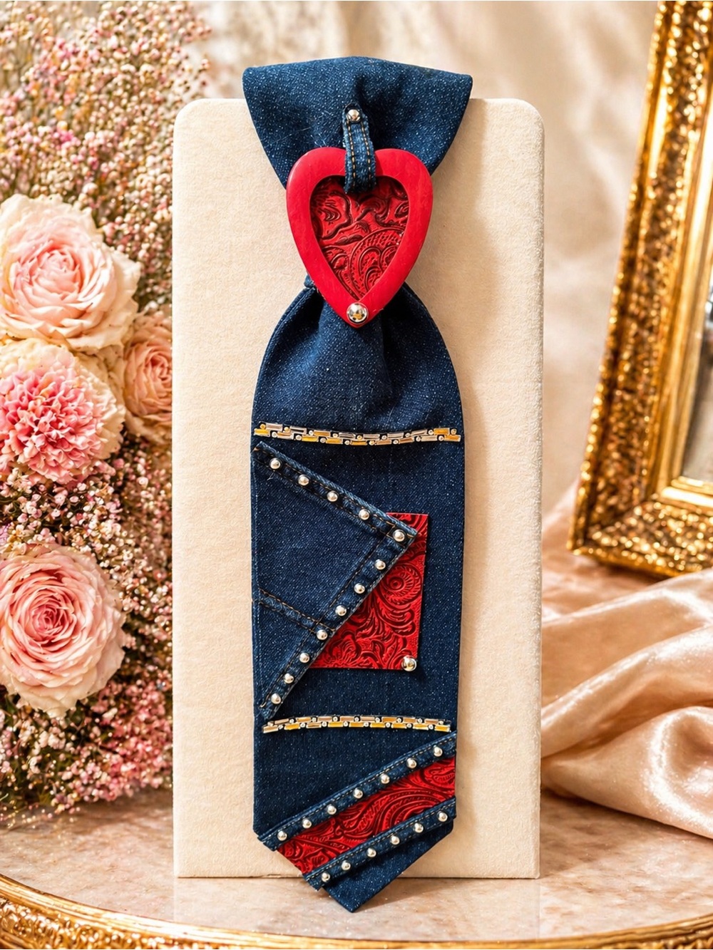 Denim Tie Necklace with Red Heart Pendant